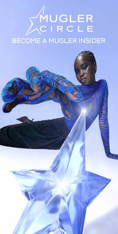 A model in a blue outfit poses next to a large star, promoting the Mugler Circle membership.