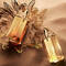 Two elegant perfume bottles are positioned atop a textured sand surface, surrounded by delicate golden floral outlines. The bottles feature a sleek, modern design with varying shades of amber and gold.