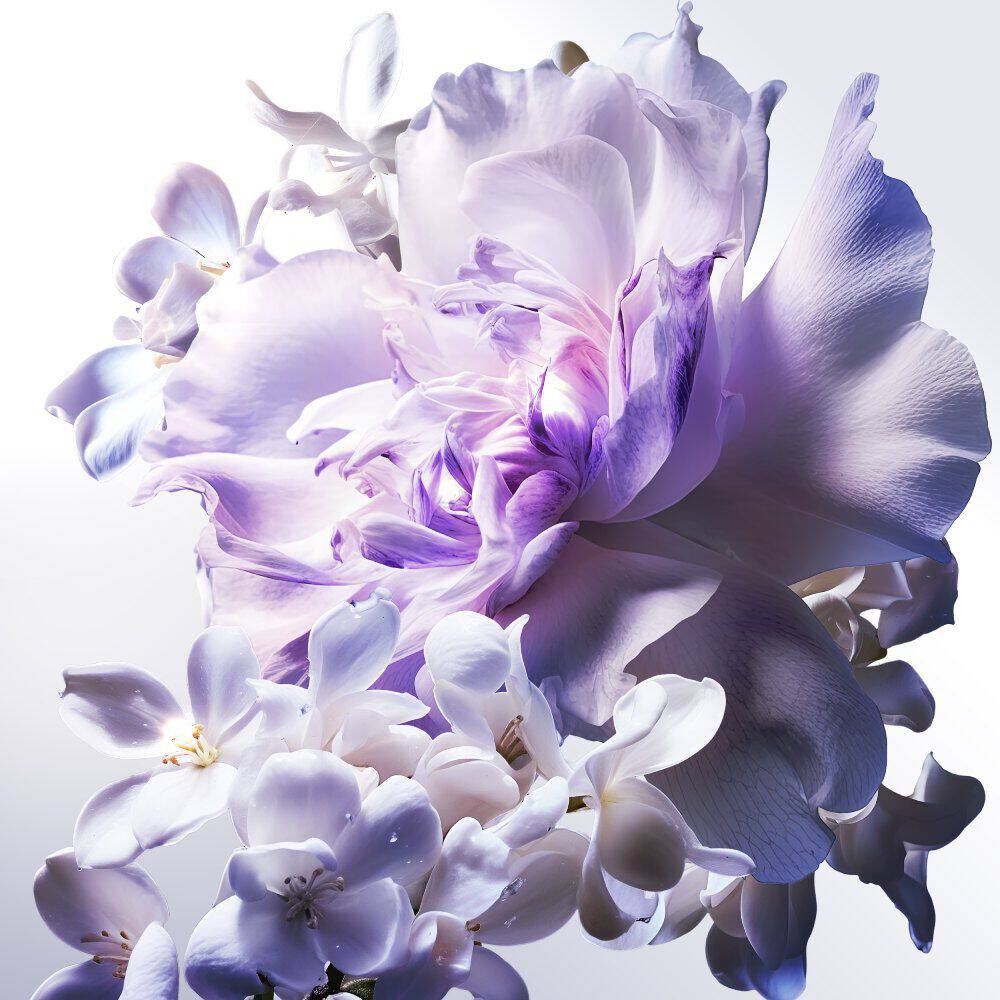 A large, ruffled light purple flower, possibly a peony or rose, with smaller white and lavender blossoms clustered around it, all against a soft white background.