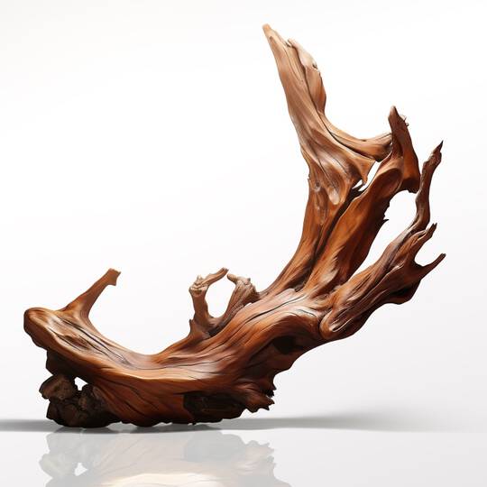 A beautifully curved piece of polished wood, showcasing intricate textures and a rich brown color, resembling a natural sculpture with flowing lines and organic shapes.