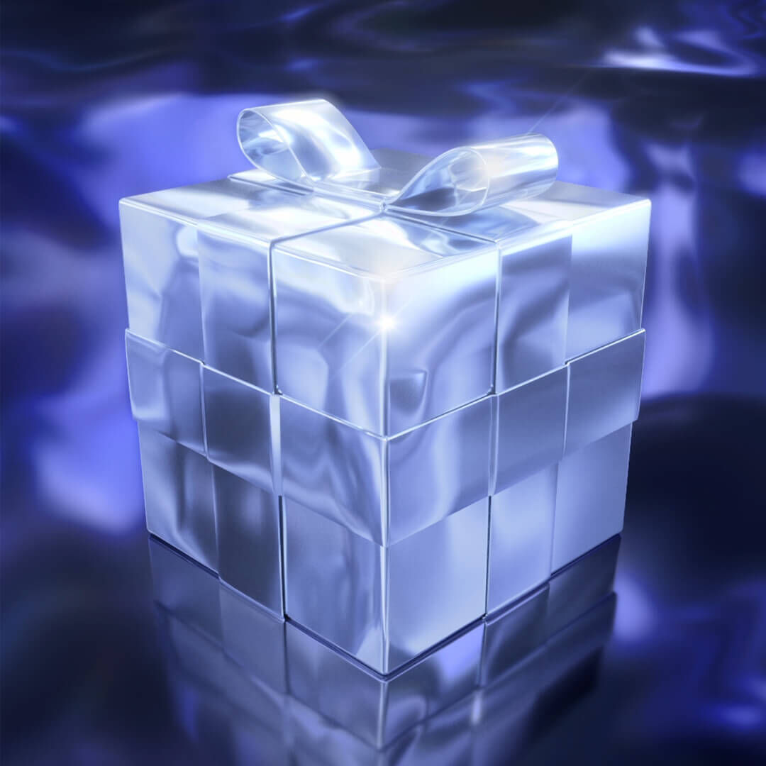 A shiny, translucent blue gift box with a ribbon, sitting against a soft-focus, reflective background.
