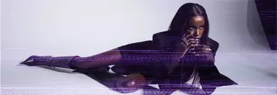 Still showcasing a model from Mugler's Alien Hypersense campaign.