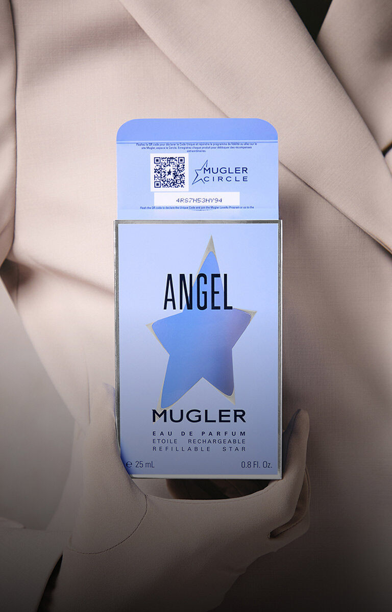 Mugler Angel Eau de Parfum box with a QR code for product registration.
