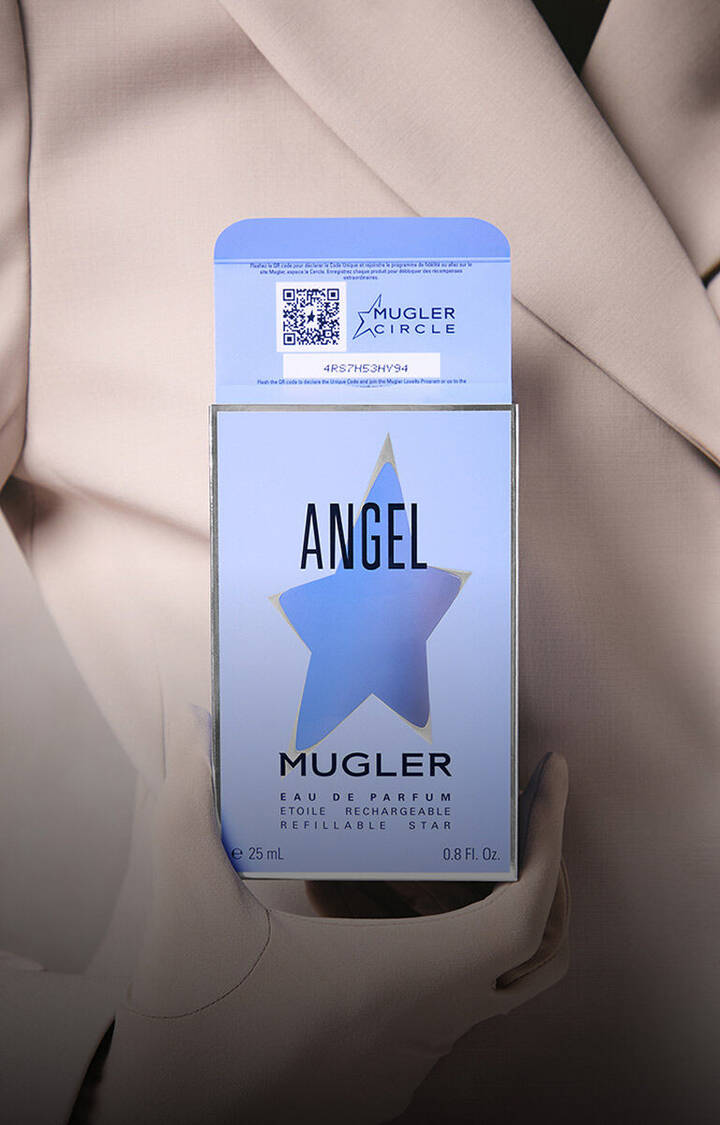 Mugler Angel Eau de Parfum box with a QR code for product registration.