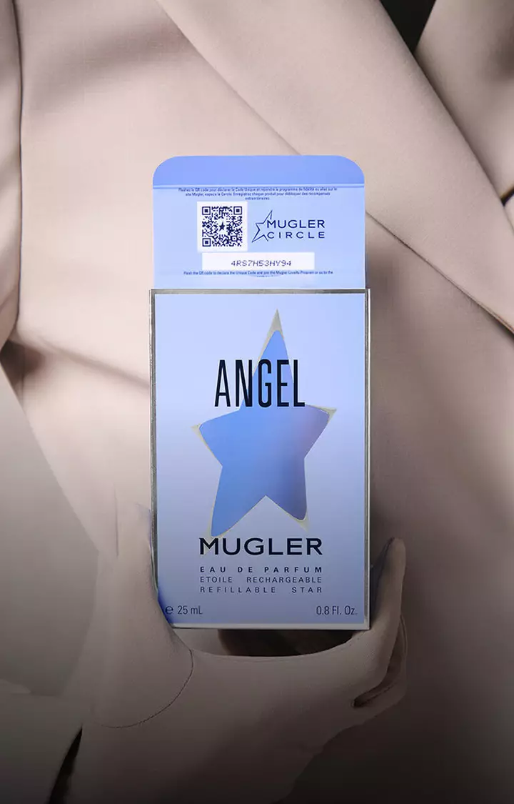 Mugler Angel Eau de Parfum box with a QR code for product registration.
