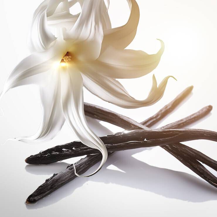 A delicate white flower with flowing petals rests on three dark vanilla bean pods, highlighted by soft lighting.