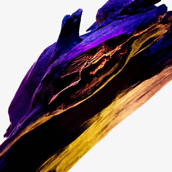 An abstract image of a piece of wood with vibrant colors, featuring shades of purple, red, and yellow, highlighting its texture and natural forms against a white background.