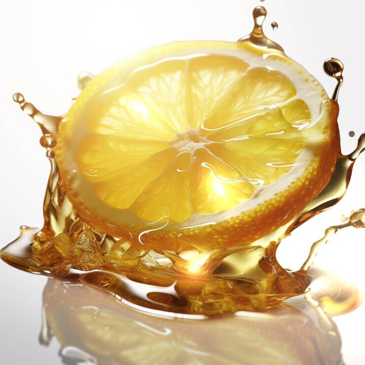 A fresh lemon slice splashes into a pool of liquid, creating vibrant droplets and reflections. The background features a bright, illuminated effect, enhancing the freshness of the lemon.