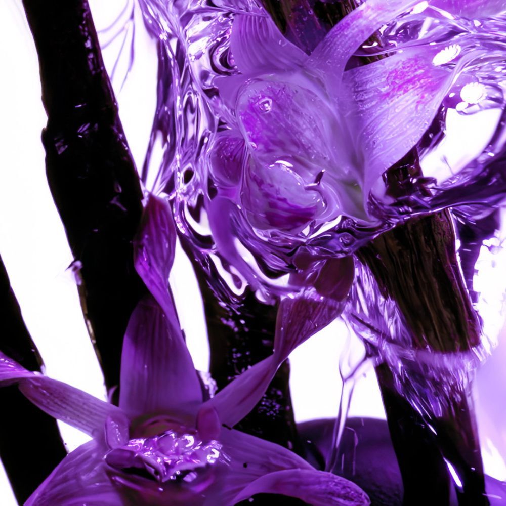 A close-up image of purple flowers intertwined with abstract, translucent shapes, creating a visually striking composition with a blend of organic and fluid elements.