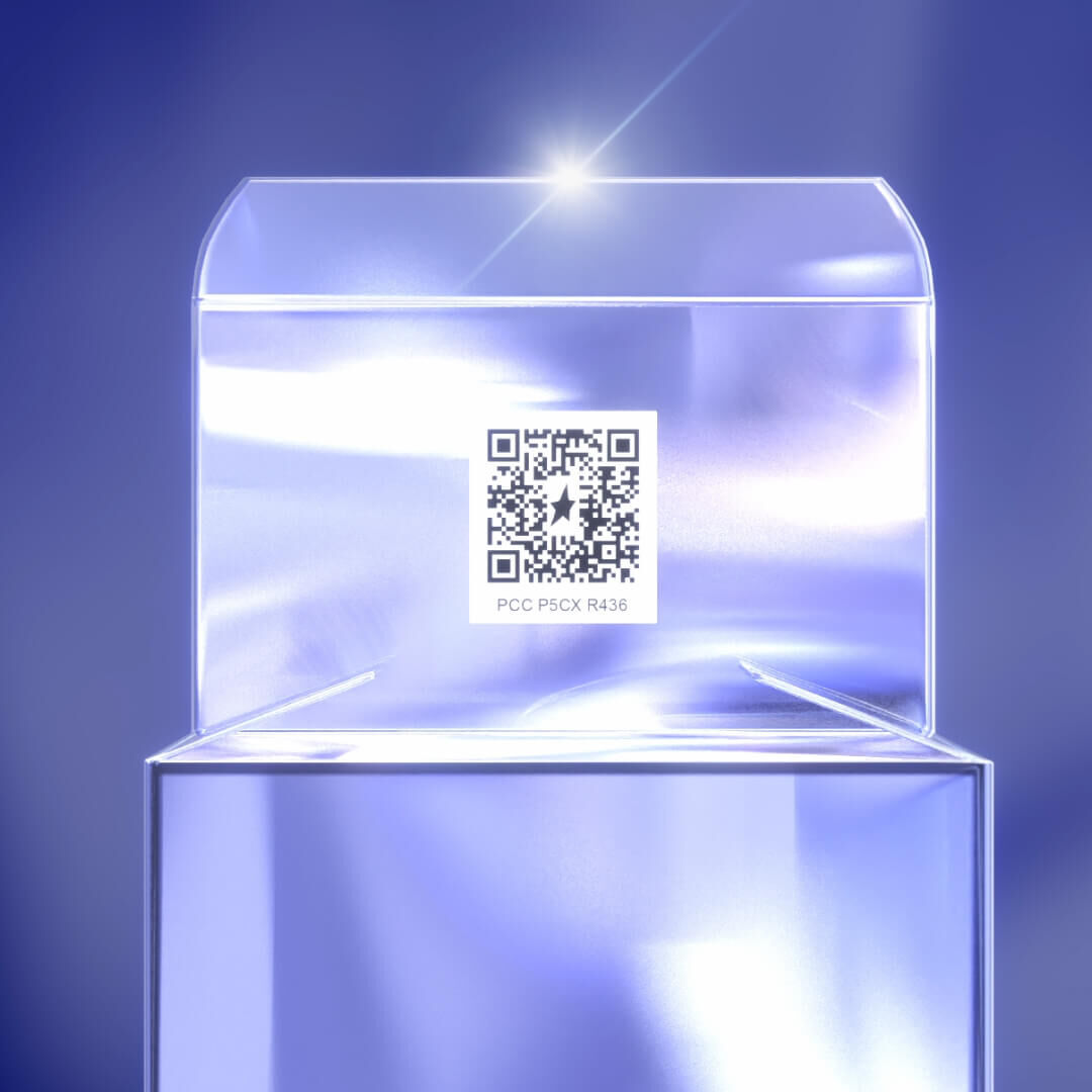 A clear, reflective box with a QR code on its front, set against a soft blue background with a subtle shine.