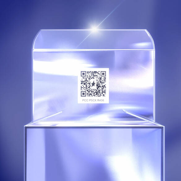 A clear, reflective box with a QR code on its front, set against a soft blue background with a subtle shine.