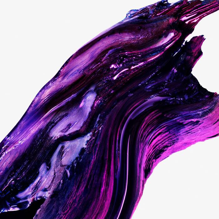 A vibrant, textured brushstroke of purple and pink paint, with glossy highlights, diagonally across a white background.