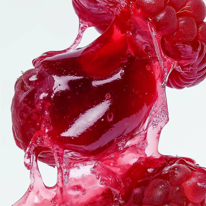 Close-up of ripe red raspberries coated in glistening, dripping red jam or syrup.
