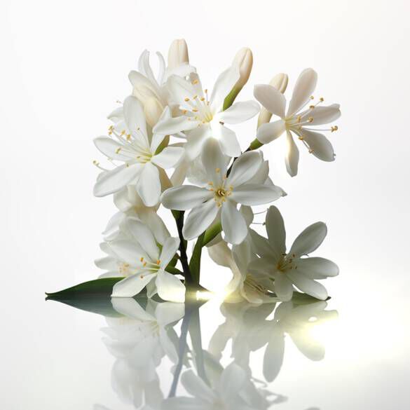 A bunch of white flowers with delicate petals arranged elegantly, reflecting on a soft, light background.