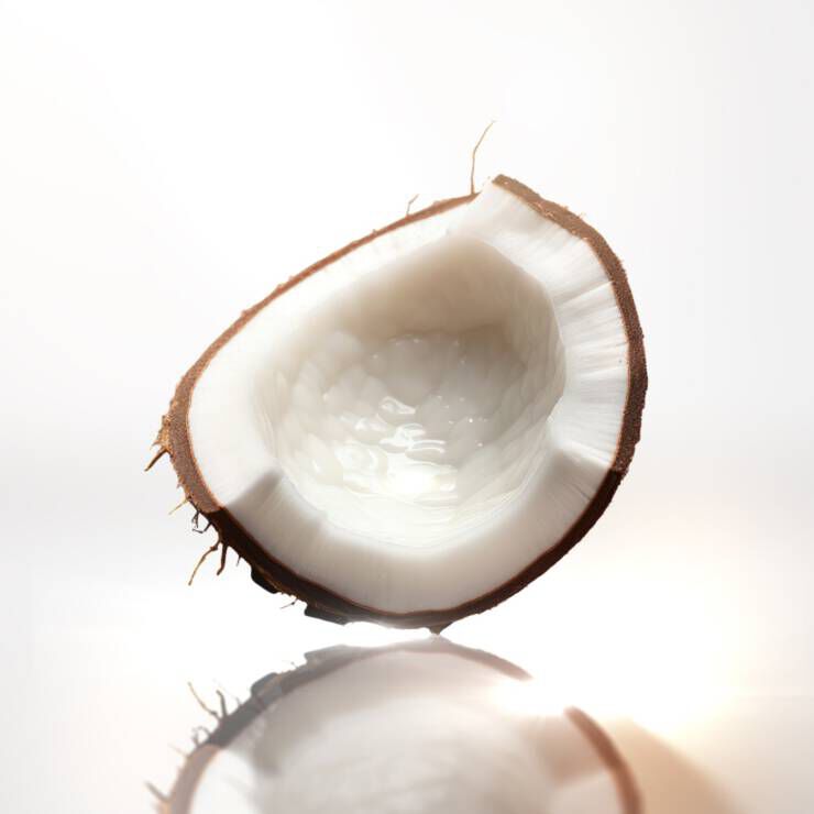 A freshly cut coconut half, showcasing its white flesh and inner texture, with a soft light illuminating it from behind.