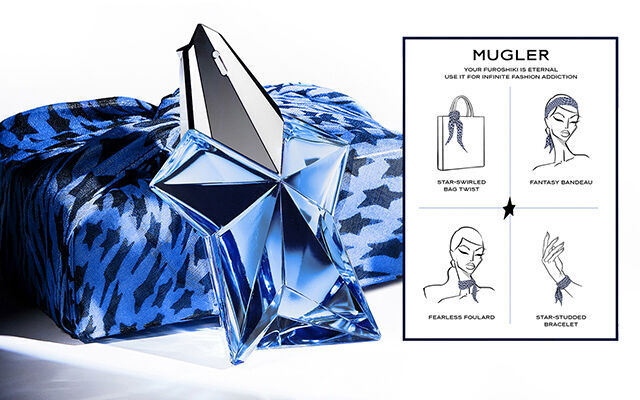 A blue and black patterned handbag with a star-shaped design next to a graphic showcasing various fashion accessories, including descriptions for a bag, headband, and bracelet.