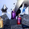 A collection of colorful perfume bottles shaped like stars, displayed alongside elegant packaging, set against a backdrop of shimmering stars.