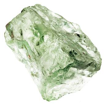 A clear, multifaceted crystal with sharp edges, partially reflecting light, set against a bright background.