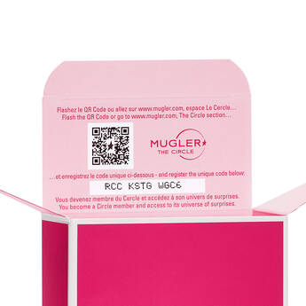 A partially open pink box with the text "MUGLER THE CIRCLE" on the front and instructions to scan a QR code for more information.
