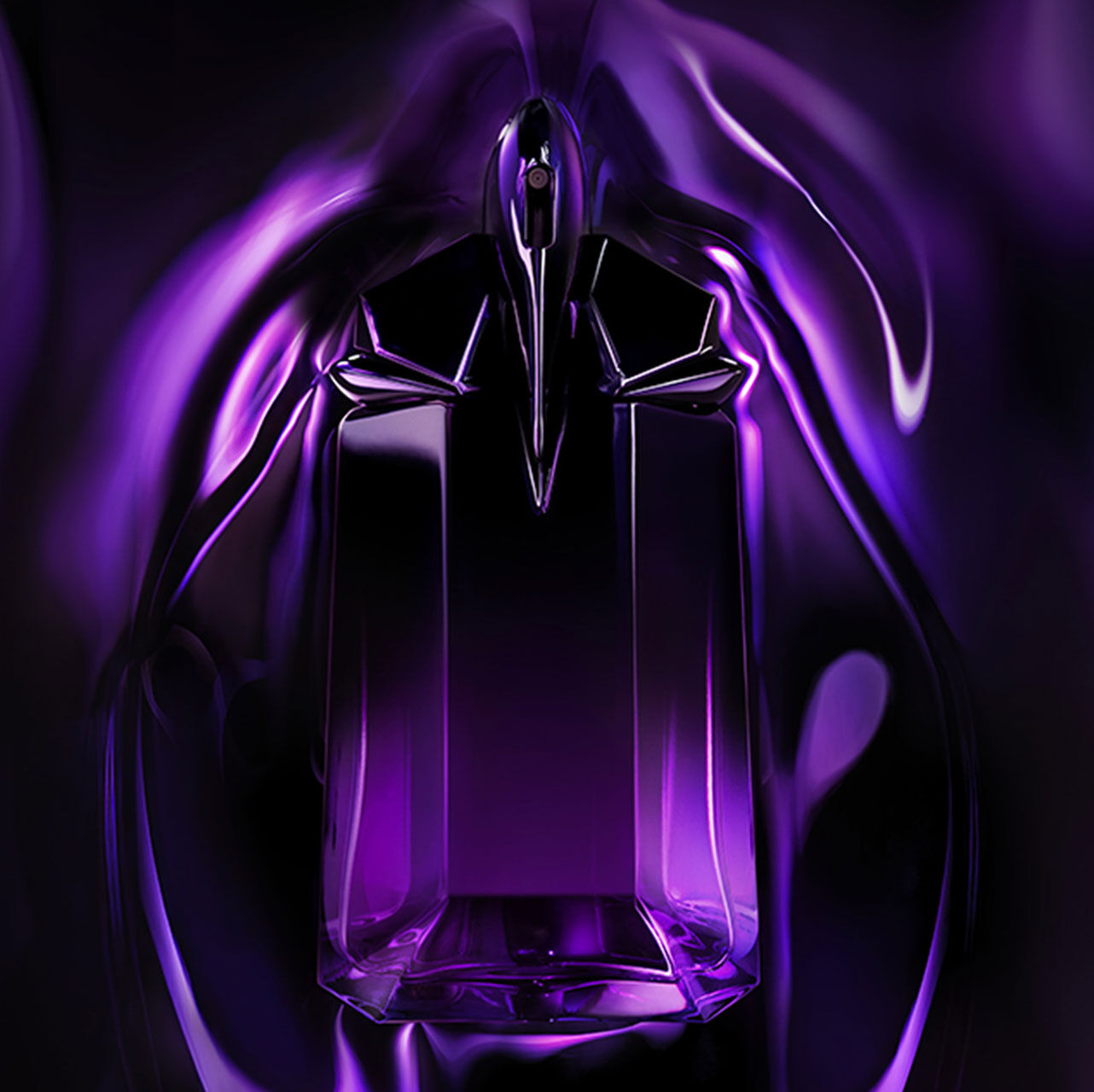 A sleek, angular purple perfume bottle is set against a swirling dark purple background, creating a mysterious and elegant atmosphere.