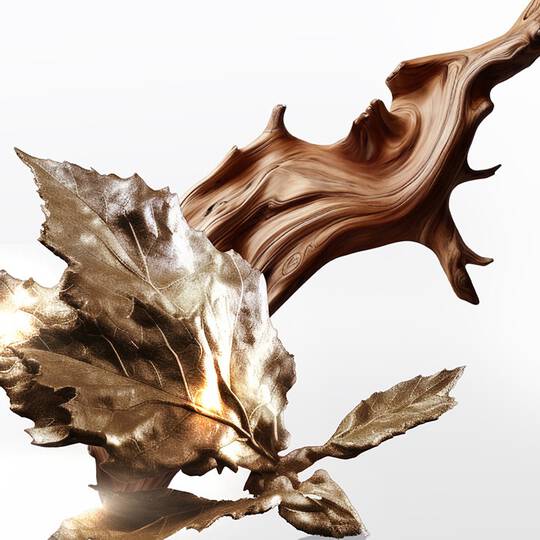 A stylized sculpture featuring a piece of intricately carved wood with flowing contours alongside metallic leaves, illuminated to highlight their textures.