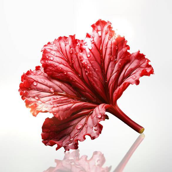 A vibrant red leaf with intricate veins, covered in droplets of water, set against a bright, softly lit background.