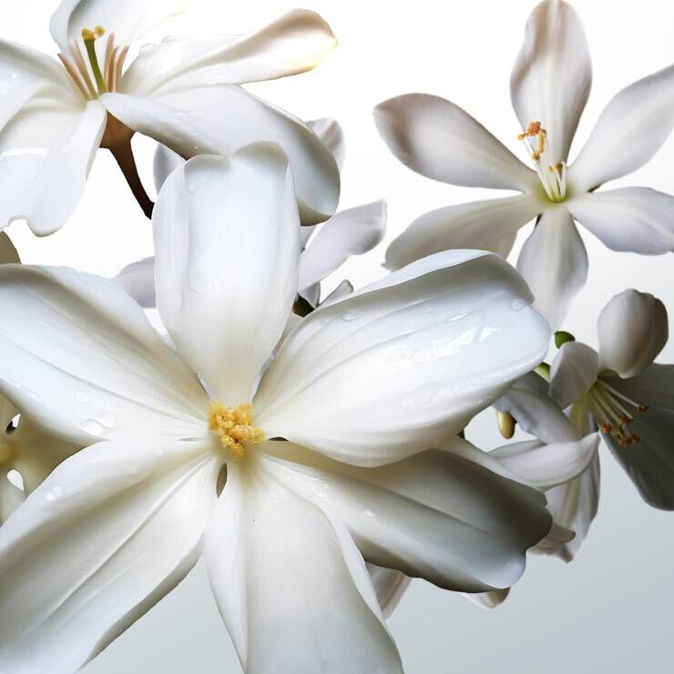 A close-up of delicate white flowers with a soft focus, displaying their petals and a hint of water droplets, set against a light background.