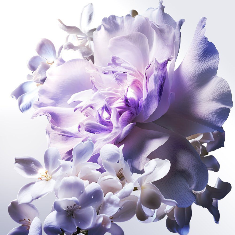 A large, ruffled light purple flower, possibly a peony or rose, with smaller white and lavender blossoms clustered around it, all against a soft white background.
