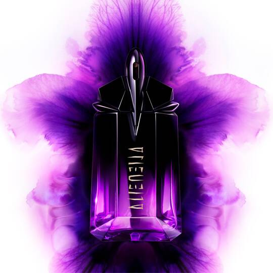 A purple and black perfume bottle with a sleek, modern design is centered against a vibrant, swirling purple and pink background, resembling an artistic floral pattern.