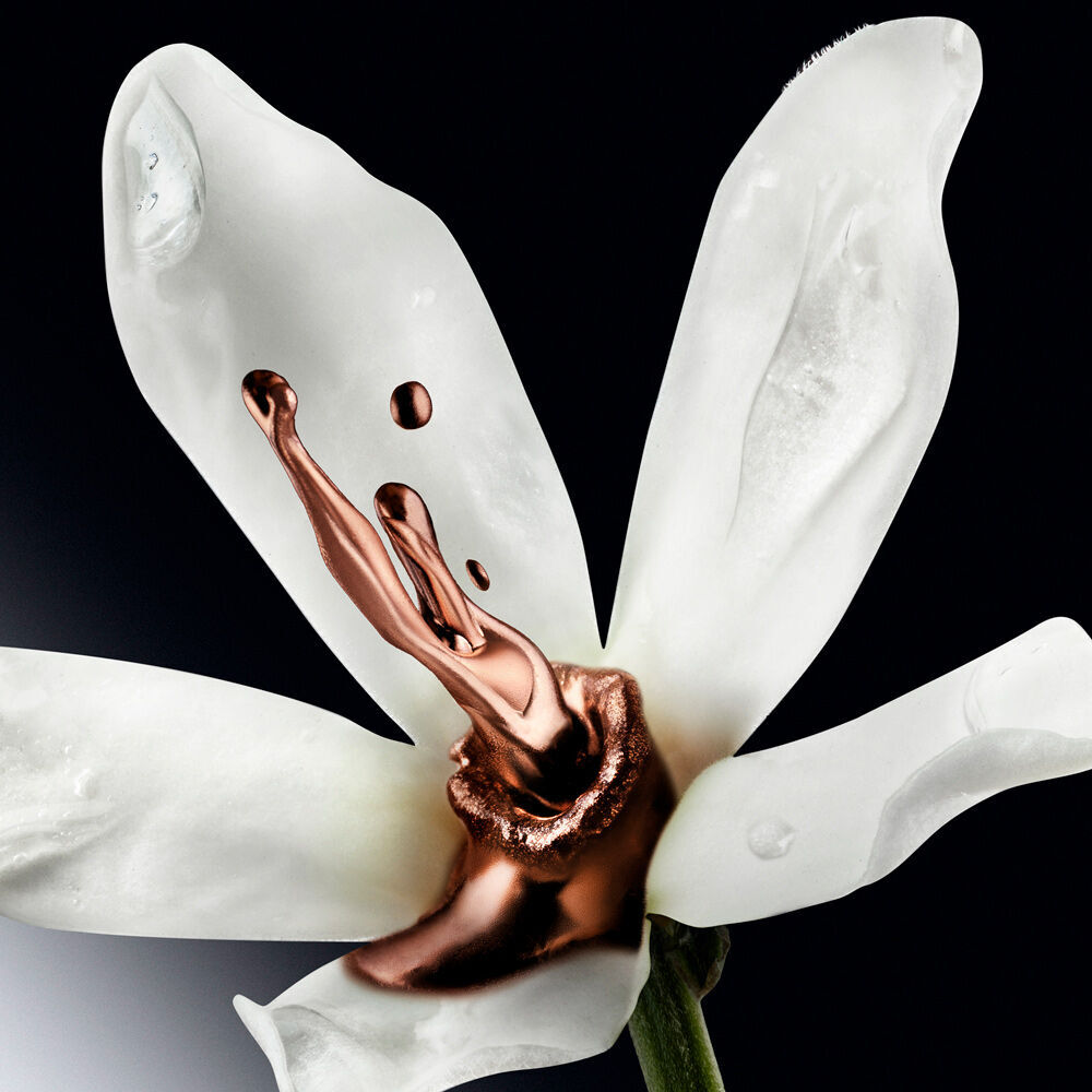 A close-up of a white flower with delicate petals, featuring a copper-colored liquid artistically flowing from its center.