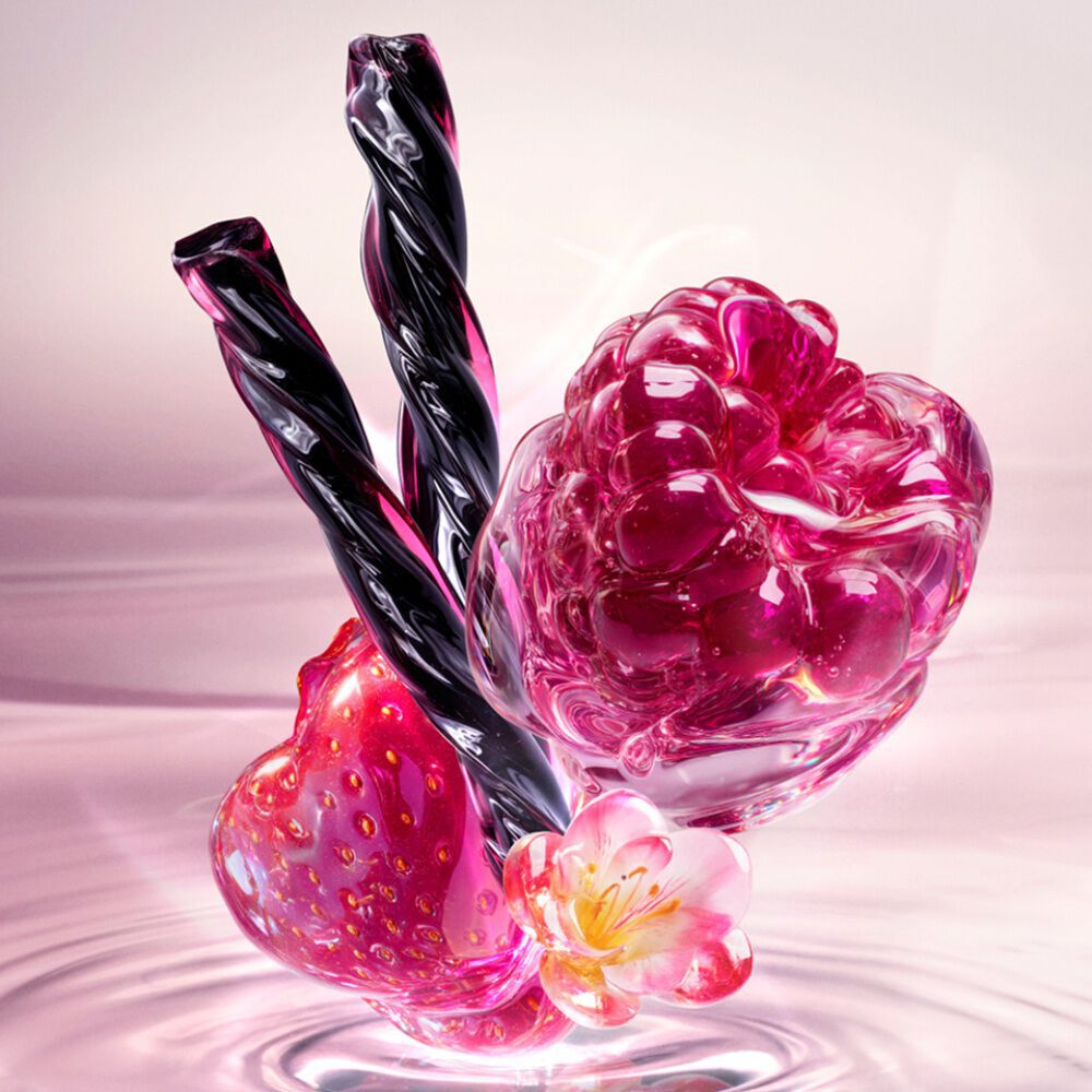 New Starlicious Berry Licorice ingredient video showcasing its key ingredients: a glossy red strawberry, a vibrant raspberry, a delicate pink flower, and twisted black licorice sticks, all set against a soft pink rippling water background.