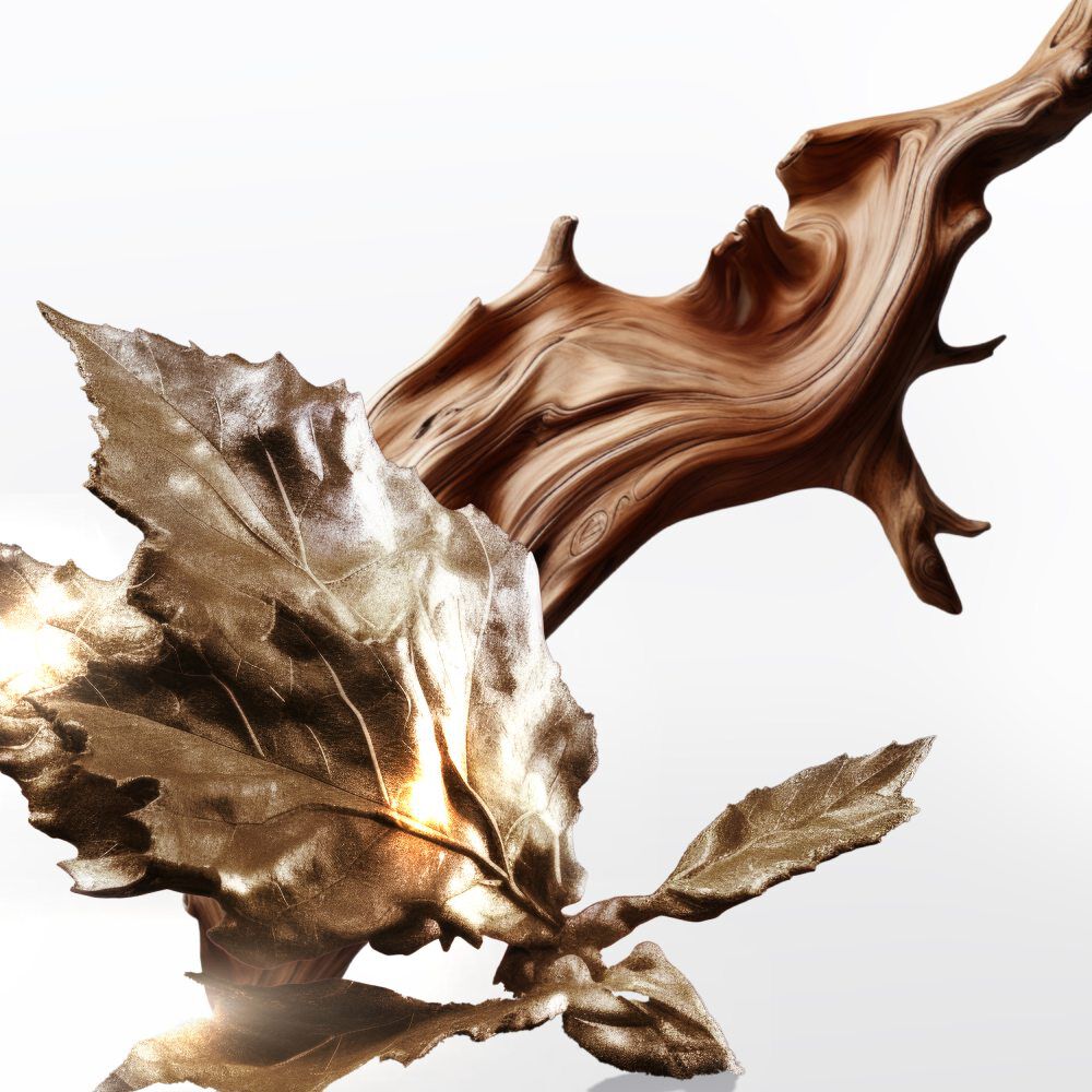 A close-up of an artistic sculpture featuring a wooden branch intertwined with metallic, shiny leaves, set against a light background.