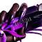A close-up of a hand with long, purple nails holding a sleek, dark perfume bottle adorned with geometric accents, surrounded by vibrant purple orchids.