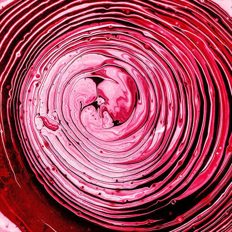 Close-up image of a vibrant red and pink abstract swirl, resembling smooth waves or ripples in a fluid.