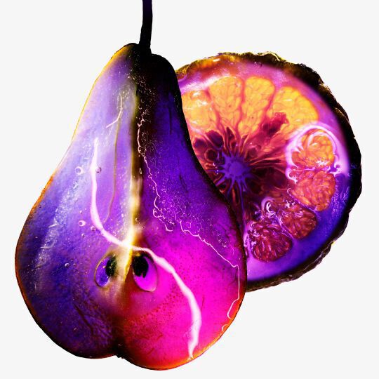 A vibrant, surreal illustration of a pear and a sliced citrus fruit, featuring bold purple and orange hues with artistic lighting effects.