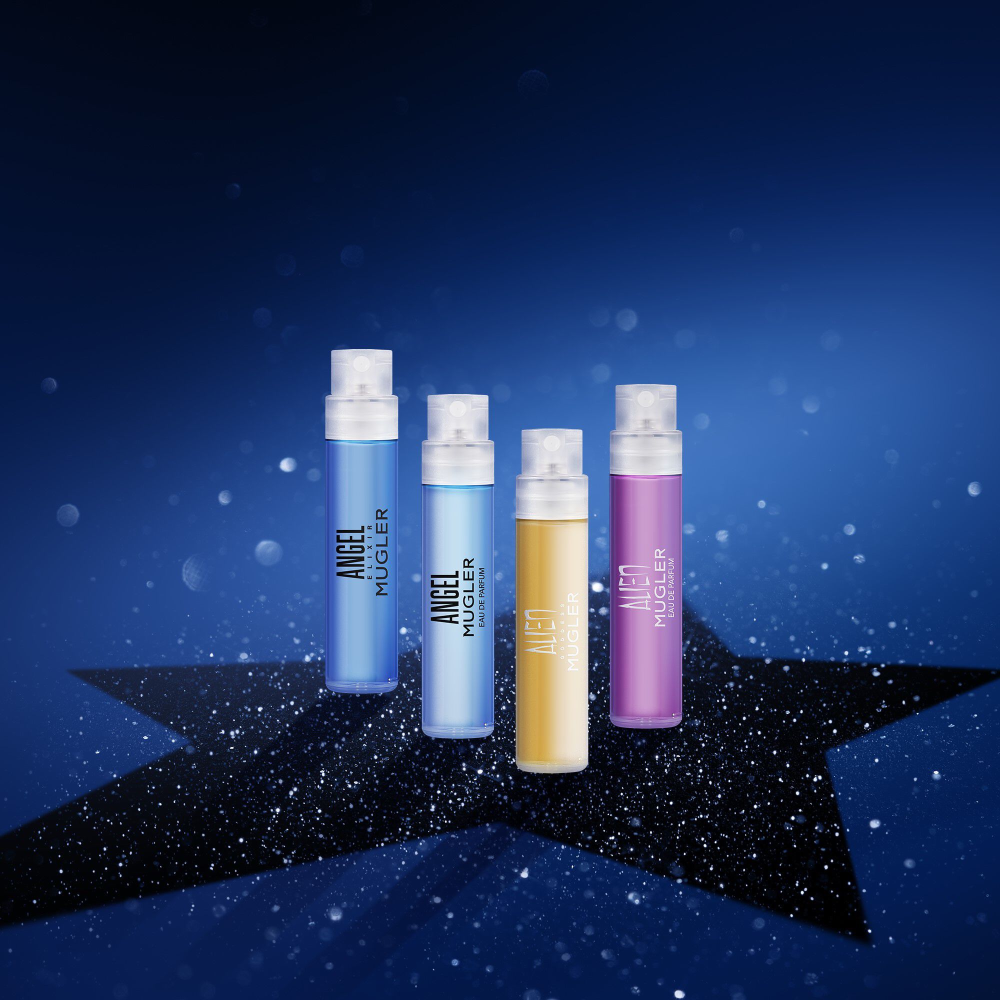 Four elegant perfume sprays in blue, yellow, and purple bottles, set against a starry blue background.