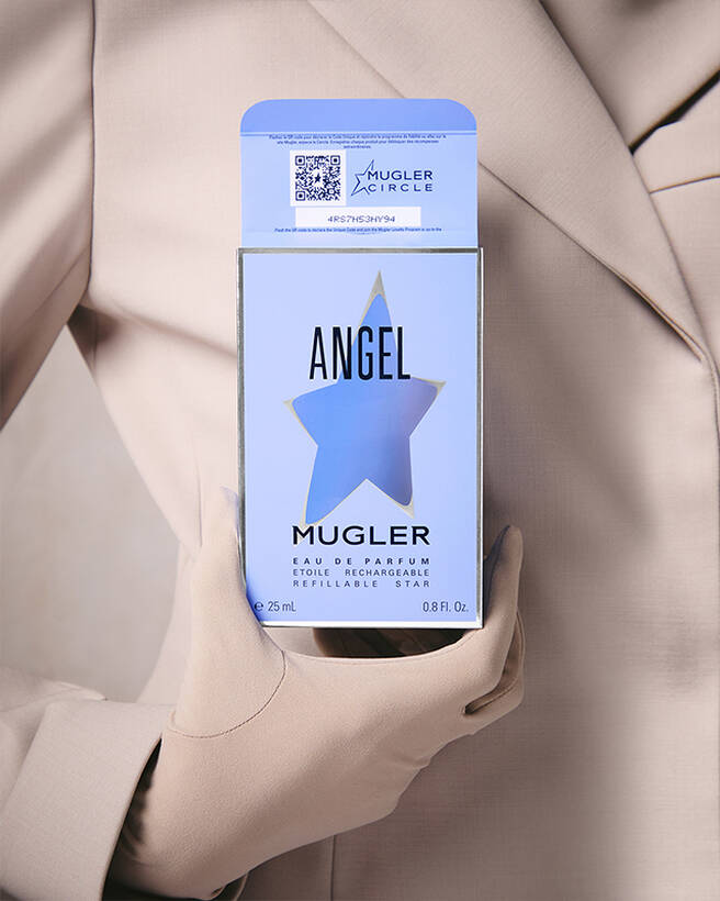 Close-up of Mugler Angel perfume box with Mugler Circle code.
