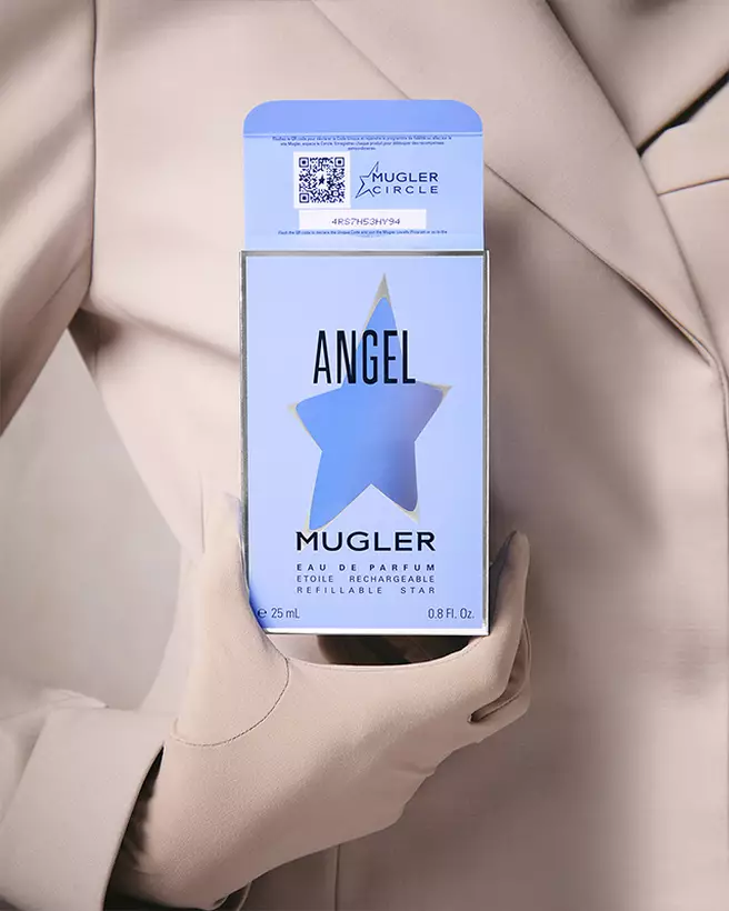 Close-up of Mugler Angel perfume box with Mugler Circle code.