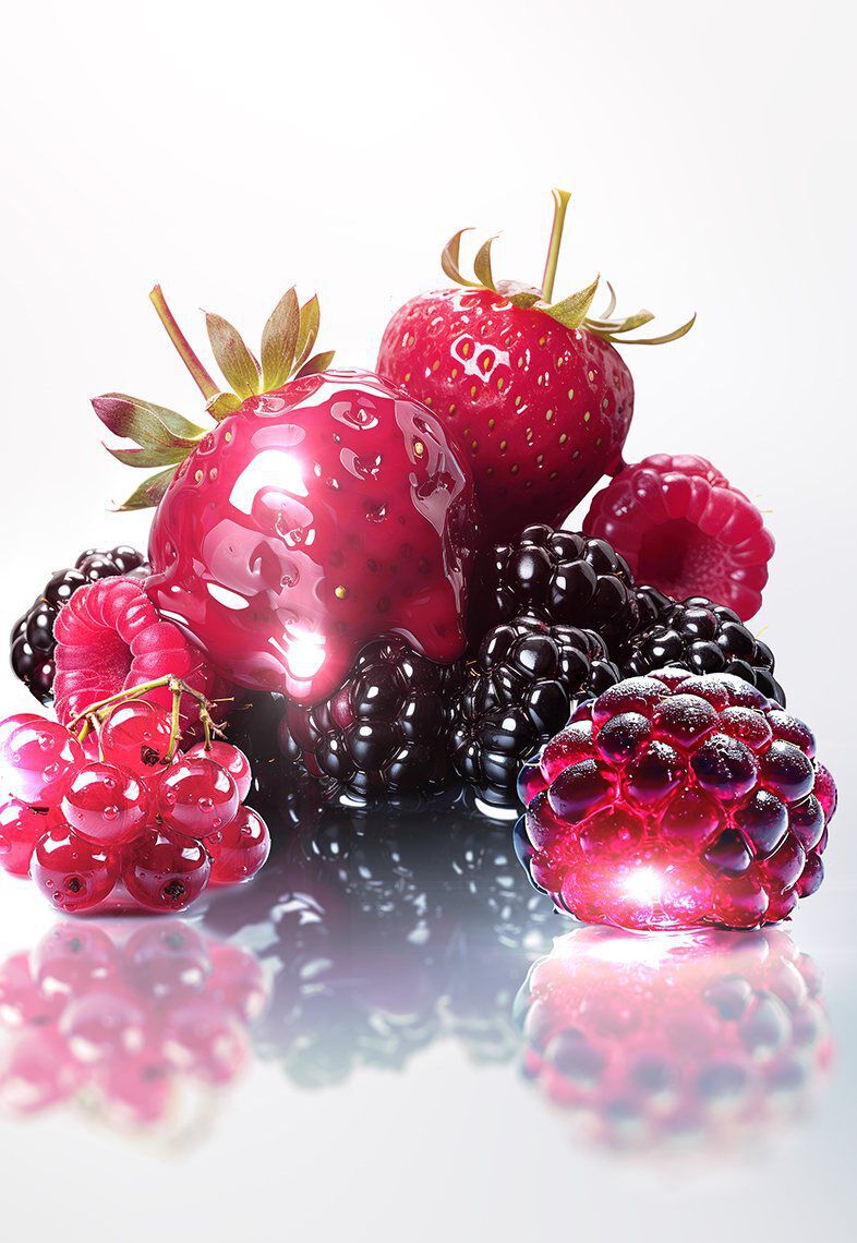 A vibrant assortment of fresh berries, including strawberries, raspberries, blackberries, and blueberries, glistening with droplets of water on a reflective surface against a light background.