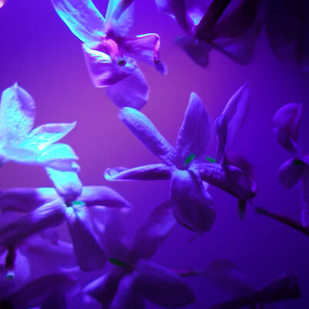 Close-up of purple flowers glowing in violet light