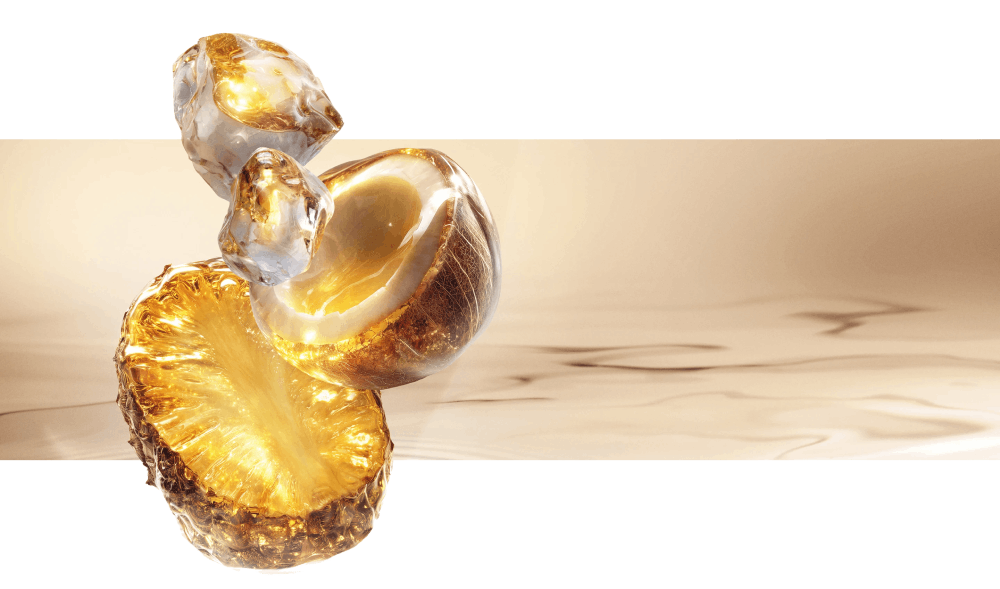 New Starlicious Pineapple Musk fragrance key ingredients: a glowing pineapple slice, a cracked coconut shell, and crystalline musk, all set against a warm, luminous rippling water background.