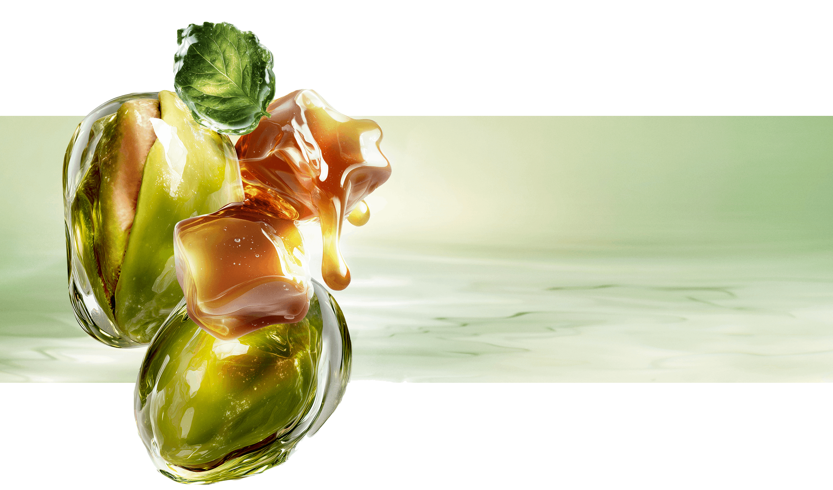 New Starlicious Pistachio Praline still life image featuring the slender bottle surrounded by its key ingredients: a patchouli leaf, whole pistachios, and dripping caramel cubes, all set against a luminous green rippling water background.