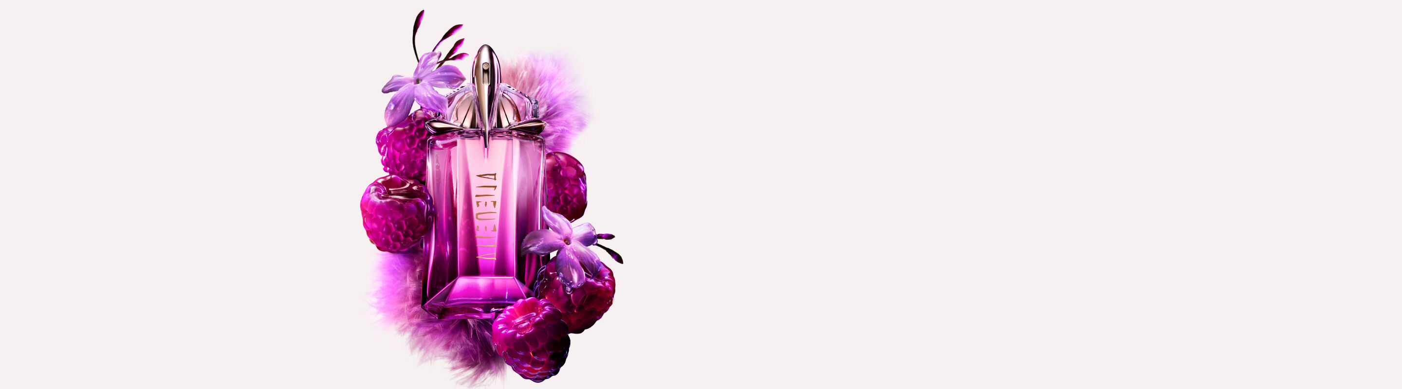 Mugler Alien Pulp fragrance bottle surrounded by pink berries and feathers, next to a quote about the fragrance's innovative fruity pink raspberry accord.