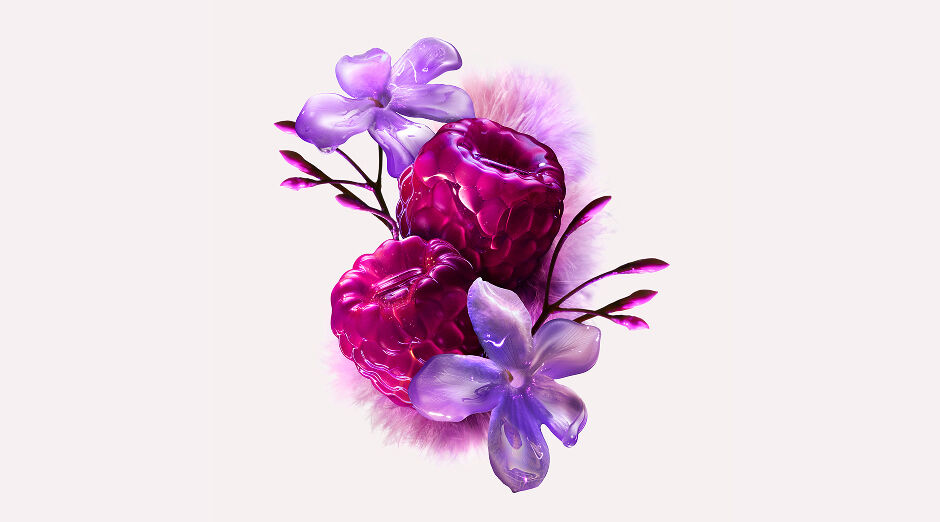 Close-up of two vibrant, translucent purple-pink raspberries, appearing juicy and almost liquid, representing a key fruity ingredient in Alien Pulp.