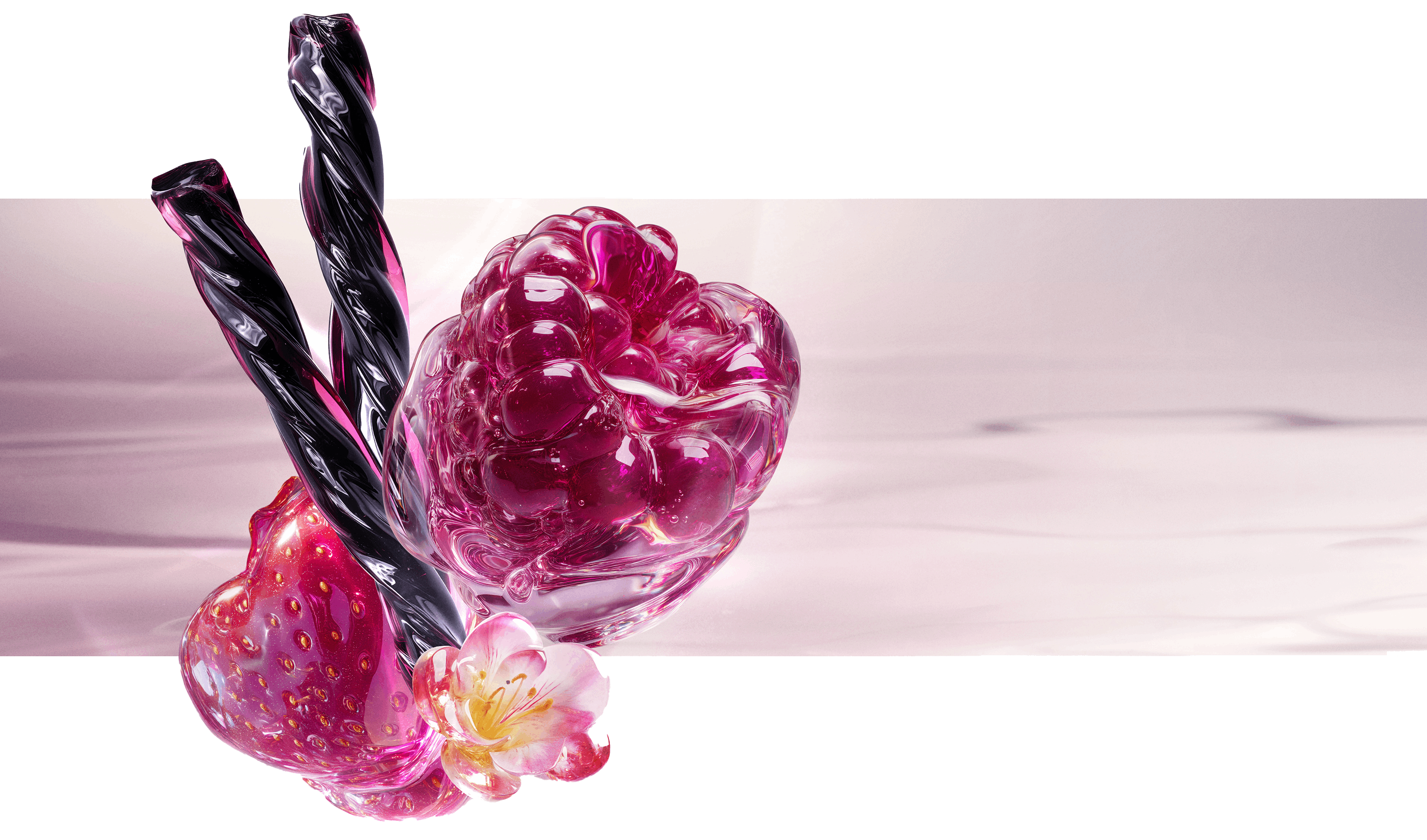New Starlicious Berry Licorice still life of key ingredients: a glossy red strawberry, a vibrant raspberry, a delicate pink flower, and twisted black licorice sticks, all set against a soft pink rippling water background.