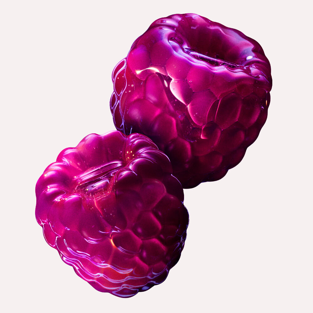 Close-up of two vibrant, translucent purple-pink raspberries, appearing juicy and almost liquid, representing a key fruity ingredient in Alien Pulp.