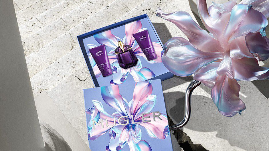Mugler Mother's Day 2026 campaign banner featuring the Angel Eau de Parfum gift set in a Parisian landscape, celebrating extraordinary mothers.