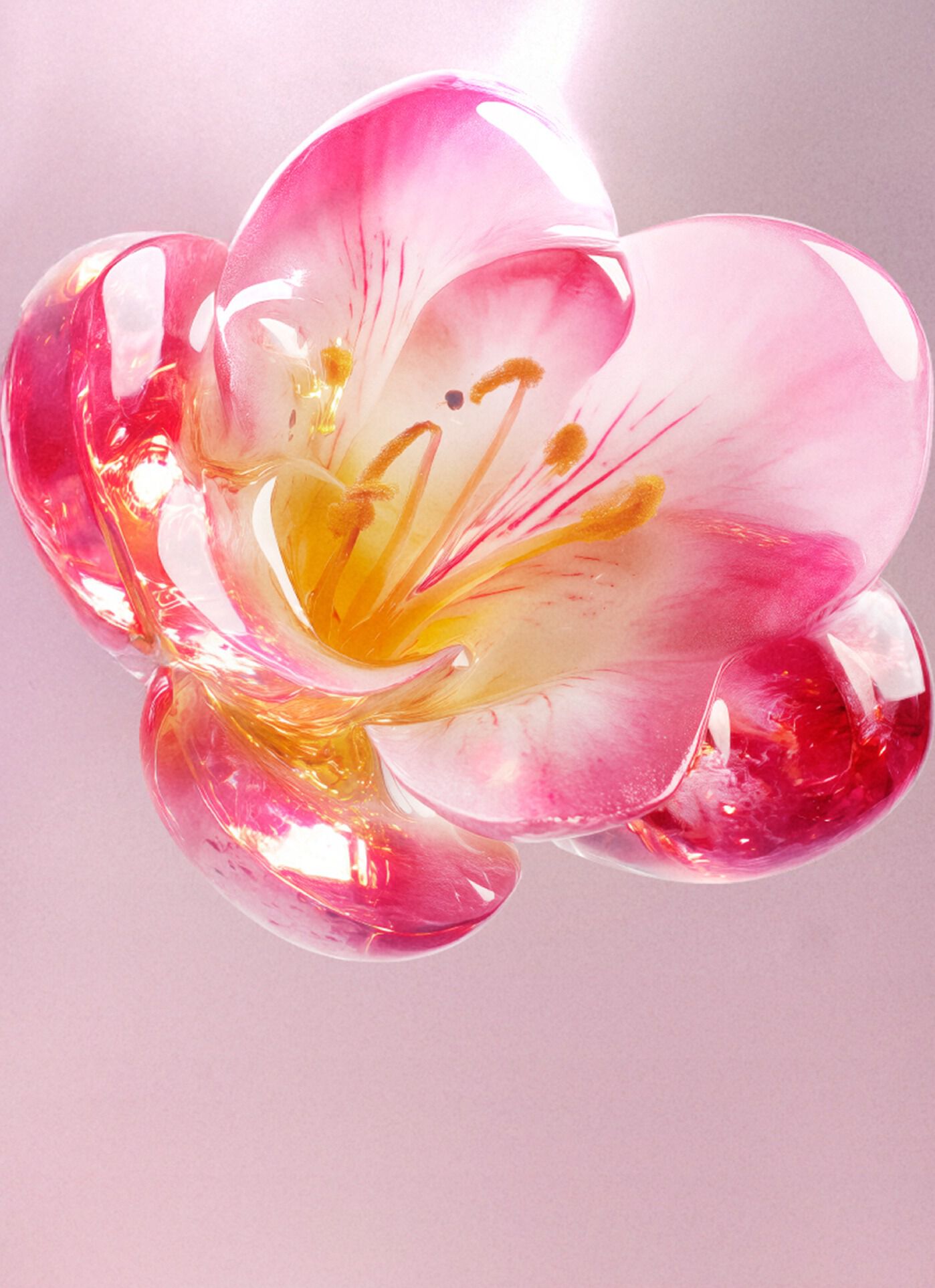 A macro shot of a freesia flower with smooth, glass-like petals in pink and bright yellow. The text describes freesia as bringing a soft floral brightness and a fresh, delicate touch to the fragrance.