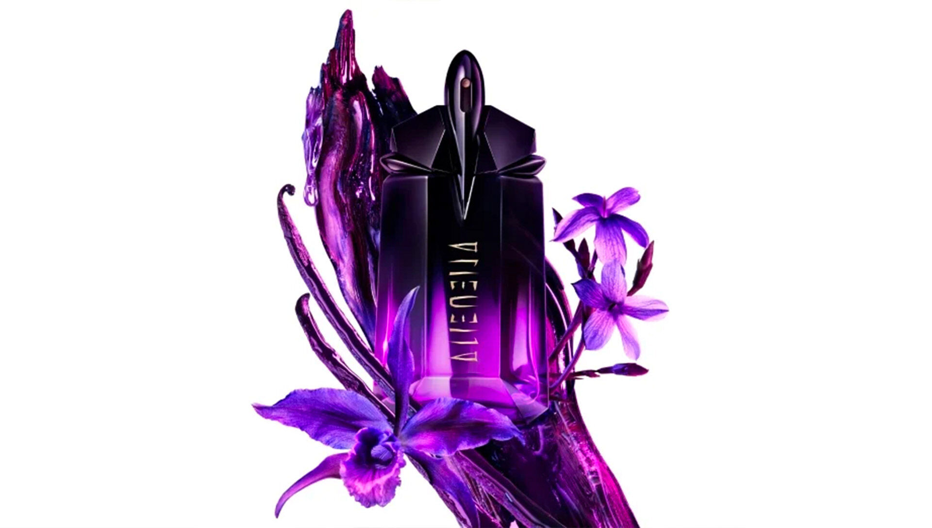 Purple iris and dark botanical ingredient shot, showcasing the fierce and ferociously feminine notes of Mugler Alien Extraintense