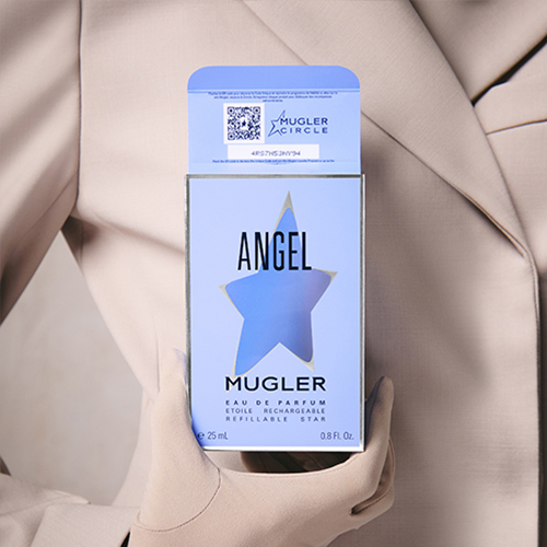 Close-up of Mugler Angel perfume box with Mugler Circle code..